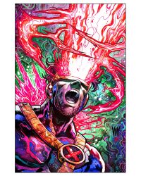  1boy 2026 abstract_background blue_bodysuit bodysuit brown_hair colorful colorful_background cyclops_(x-men) dated energy_beam eye_beam head-mounted_display highres male_focus marvel mask multicolored_bodysuit muscular muscular_male saturated short_hair signature solo superhero_costume upper_body vinartwork x-men x-uniform yellow_bodysuit 