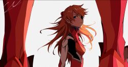  1girl absurdres blue_eyes breasts closed_mouth commentary_request eyepatch highres kkno_k long_hair looking_at_viewer looking_to_the_side mecha_pilot_suit neon_genesis_evangelion orange_hair plugsuit_(evangelion) signature simple_background solo souryuu_asuka_langley white_background 