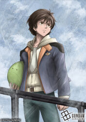  1boy banagher_links belt blue_jacket blue_pants brown_eyes brown_hair closed_mouth commentary_request copyright_logo copyright_name copyright_notice cowboy_shot crost gundam gundam_card_game gundam_unicorn haro holding hood hooded_jacket hoodie jacket jacket_over_hoodie logo multicolored_jacket official_art open_clothes open_jacket orange_jacket pants partially_unzipped sanpaku shirt short_hair white_belt white_hoodie white_shirt 
