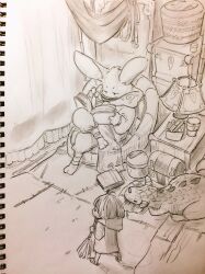  1girl ahoge book broom carpet chair closed_mouth commentary_request crossed_legs cup curtains deformed desk_lamp dragon fantasy from_above from_behind full_body furry furry_male graphite_(medium) highres holding holding_book holding_broom hooded_robe indoors jun_(navigavi) lamp long_sleeves monochrome on_chair open_book original pants paper_background photo_(medium) reading robe scenery short_hair sitting sketch traditional_media turning_page wooden_floor 