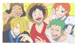  1girl 4boys :q ;q arms_up bare_shoulders black_hair black_jacket black_necktie blonde_hair blue_shirt bracelet brown_eyes brown_overalls cigarette closed_mouth collarbone collared_shirt commentary_request earrings elbow_rest green_background green_hair hair_over_one_eye hat highres jacket jewelry korean_commentary kuni_929 log_pose long_nose looking_at_viewer monkey_d._luffy multiple_boys nami_(one_piece) necktie one_eye_closed one_piece open_mouth orange_hair overalls parted_lips red_vest ribbed_shirt roronoa_zoro sanji_(one_piece) scar scar_on_cheek scar_on_face shirt short_hair short_sleeves smile sparkle straw_hat straw_hat_pirates suit_jacket sweatdrop tongue tongue_out upper_body usopp vest white_shirt 