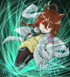  1girl agnes_tachyon_(tach-nology)_(umamusume) agnes_tachyon_(umamusume) ahoge animal_ears black_necktie black_pantyhose brown_hair chemical_structure coat cork earrings eye_trail gentiano815 glowing glowing_eyes hair_between_eyes highres horse_ears horse_girl horse_tail jewelry lab_coat light_trail long_sleeves necktie open_mouth pantyhose red_eyes running shirt shoes short_necktie single_earring sleeves_past_fingers sleeves_past_wrists solo sweater sweater_vest tail test_tube umamusume white_coat white_shoes wolf_cut yellow_sweater yellow_sweater_vest 