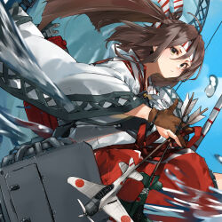  1girl aircraft aircraft_request airplane arrow_(projectile) blue_sky blurry bow_(weapon) brown_eyes brown_hair clouds depth_of_field hachimaki hakama hakama_shorts headband high_ponytail highres holding holding_arrow holding_bow_(weapon) holding_weapon japanese_clothes kantai_collection long_hair looking_at_viewer muneate ponytail quiver red_shorts shorts sky solo striped_headband sunday_aki weapon wide_sleeves zuihou_(kancolle) 