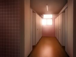  ceiling ceiling_light evening game_asset glowing_windows hallway indoors no_humans non-web_source official_art public_restroom self-datamine subarashiki_hibi variant_set window 