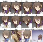  alternate_hairstyle annoyed blood bow bowtie brown_hair chart close-up expressions glasses hatoful_kareshi isa_souma iwamine_shuu knife labcoat long_hair looking_at_viewer male multiple_views open_mouth personification purple_eyes serious silverpop_night smile solo spoilers teeth tongue translation_request violet_eyes weapon 