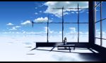  1girl black_hair clouds letterboxed megatruh original scenic sitting sky solo 