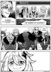  aether_(genshin_impact) arlecchino_(genshin_impact) capitano_(genshin_impact) coat columbina_(genshin_impact) commentary confused dottore_(genshin_impact) eefer_the_traveler english_commentary fur_trim genshin_impact hand_on_own_face head_down highres hoshi_kirara_face_(meme) ishowspeed_trying_not_to_laugh_(meme) looking_at_viewer meme monkey_thinking_(meme) open_mouth paimon_(genshin_impact) pierro_(genshin_impact) ronova_(genshin_impact) sandrone_(genshin_impact) smile surprised tartaglia_(genshin_impact) 