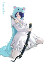  1girl animal_hood artist_name blue_eyes blue_hair blue_veil capelet chesshiire coif cross-shaped_pupils digimon digimon_(creature) dress hair_over_one_eye highres holding holding_sheath holding_sword holding_weapon hood katana kneeling looking_at_viewer mouse_hood nun_headdress on_one_knee pantyhose scabbard sheath short_dress short_hair signature simple_background sistermon_ciel solo sword symbol-shaped_pupils veil weapon white_background white_capelet white_coif white_dress white_pantyhose 