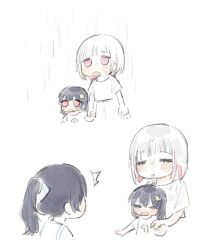  3girls ^^^ basil_(wgh0anzdple3asf) black_hair commentary_request family hair_ornament holding_hands if_they_mated korean_commentary love_live! love_live!_hasu_no_sora_jogakuin_school_idol_club mother_and_child mother_and_daughter multicolored_hair multiple_girls murano_sayaka open_mouth parent_and_child rain red_eyes red_streaks science_babies second-party_source shirt short_hair simple_background star_(symbol) star_hair_ornament streaked_hair virtual_youtuber wet wet_clothes wet_shirt white_background white_hair white_shirt yugiri_tsuzuri 