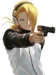  1boy absurdres alternate_costume alternate_hairstyle asymmetrical_bangs black_eyeliner blue_eyes deidara_(naruto) eyeliner ffdei2i gun hair_over_one_eye headphones highres holding holding_gun holding_weapon jacket low_ponytail makeup male_focus medium_hair naruto_(series) naruto_shippuuden non-web_source ponytail simple_background smile solo weapon white_background 