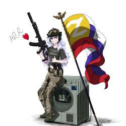  1girl ak-74m alpha_(alpha_1918) ammunition ammunition_belt ammunition_pouch asouprus assault_rifle bad_source belt black_shirt boots camouflage camouflage_pants collarbone combat_boots combat_helmet commentary commission detached_magazine_(weapon) ear_protection flag flagpole fluffy fluffy_hair gun hair_ornament helmet highres holding holding_gun holding_weapon kalashnikov_rifle light_smile lips long_hair magazine_(weapon) midriff midriff_peek military military_uniform optical_sight original pants pocket pouch red_dot_sight red_eyes red_lips rifle russia russian_commentary russian_empire russian_flag russian_ground_forces russo-ukrainian_war shaka_sign shirt short_sleeves sight_magnifier sitting smile soldier standing suppressor t-shirt theft thief very_long_hair war war_crime washing_machine waving_flag weapon white_hair woodland_camouflage z_(russian_symbol) 