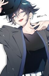  1boy 3103vv :d absurdres aqua_eyes art_trade belt belt_buckle black_hair black_hat black_shirt buckle collarbone commentary_request flipped_hair grey_jacket hair_between_eyes hands_up hat highres holding holding_unworn_clothes holding_unworn_hat jacket lapels looking_at_viewer male_focus notched_lapels open_clothes open_jacket original second-party_source shirt shirt_tucked_in short_hair sideways_glance simple_background smile solo unworn_hat unworn_headwear upper_body v-neck white_background white_belt 