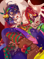  1girl :o bell belt boots bow bowtie brown_belt brown_boots capelet card commentary_request deer_head dress frosty_the_snowman_(character) fur-trimmed_capelet fur_trim green_bow green_bowtie hair_bell hair_ornament hairband highres multicolored_dress multicolored_hairband multicolored_pantyhose pantyhose patchwork_clothes pentagram polka_dot polka_dot_pantyhose purple_hair roamu_65 rudolph_the_red_nosed_reindeer santa_claus snowman solo striped_clothes striped_pantyhose tenkyuu_chimata touhou violet_eyes 