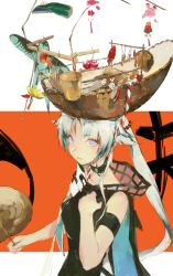  1girl aqua_cape aqua_hair arcane_(arknights) arknights arknights:_endfield bare_shoulders black_cape black_dress blue_eyes cape closed_mouth commentary_request dress facial_mark forehead_mark hand_on_own_chest highres holding kuto_(kuroto) long_hair looking_at_viewer multicolored_cape object_on_head sleeveless solo two-tone_cape upper_body 