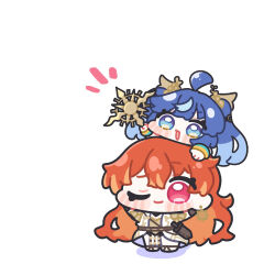 2girls ahoge blue_eyes blue_hair blush_stickers character_request chibi chibi_only commentary_request dress earrings hair_ornament highres holding holding_staff jewelry long_hair multiple_girls one_eye_closed open_mouth orange_hair red_eyes red_hair sigrika_(wuthering_waves) simple_background smile staff syurikenmaru twintails white_background wuthering_waves 