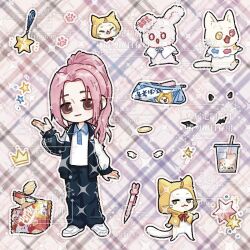  1girl :3 ^_^ ahoge animal artist_request asymmetrical_sleeves bag_of_chips baggy_pants black_jacket black_pants bow bowtie brown_background brown_eyes bubble_tea cat chinese_commentary chips_(food) cloak closed_eyes closed_mouth clothed_animal collared_shirt commentary_request commission contrast_collar cup deformed disposable_cup drinking_straw ear_covers food half-closed_eyes happy head_only hexagram high_ponytail highres hood hood_up hooded_cloak jacket jewelry long_hair long_sleeves mismatched_sleeves momo_(nikki) multiple_views nikki_(nikki) nikki_(series) open_clothes open_jacket open_mouth outline outstretched_hand pants pass_every_exam_(shining_nikki) pen pencil_case pendant pink_hair plaid_background ponytail potato_chips puffy_long_sleeves puffy_sleeves rabbit red_bow red_bowtie sample_watermark second-party_source shining_nikki shirt shoes smile sneakers sparkle standing star_(symbol) sweatpants too_many_watermarks track_jacket very_long_hair watermark watermark_grid whiskers white_cat white_outline white_shirt white_shoes white_sleeves yellow_cloak 