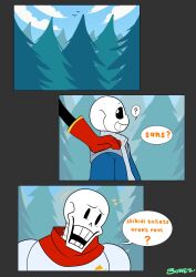 2024 2boys 2d 3koma ? absurdres aqua_sweater armor artist_name blue_jacket brothers cape comic day digital_media duo english_text ewbonez gloves grey_hood hand_on_another's_shoulder head_tilt height_difference highres hollow_eyes hood hood_down hooded_jacket humanoid jacket long_sleeves male male_focus male_only monster monster_boy multiple_boys open_clothes open_jacket outdoors papyrus_(undertale) pine_tree red_cape red_gloves sans_(undertale) sequential siblings simple_bird skeleton sky speech_bubble spoken_question_mark sweater teeth text tree undead undertale utdr_(toby_fox) white_armor