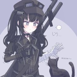  ... 1girl ammunition_pouch arm_belt asymmetrical_gloves bandaged_arm bandaged_hand bandages black_cat black_choker black_coat black_dress black_gloves black_hair black_hat black_ribbon blue_background cat choker closed_mouth coat collared_dress commentary_request dress gloves goggles goggles_on_headwear grey_eyes gun hair_ornament hat highres kurobe_nanoka long_hair mahou_shoujo_no_majo_saiban neck_ribbon nervous_sweating plaid_clothes plaid_dress pouch ribbon rifle solo spoken_ellipsis sweat tkugane twintails weapon 