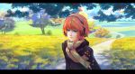  arsenixc autumn grass green_eyes headphones orange_hair original scarf tree 