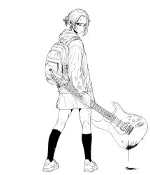  1girl backpack bag black_eyes black_socks brown_hair brown_skirt electric_guitar folded_ponytail full_body greyscale guitar highres hood hoodie instrument kneehighs looking_back medium_hair monochrome original reuti_(welsh911) shoes simple_background skirt socks solo white_background white_shoes 