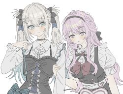  2girls aqua_bow aqua_eyes aqua_hair aqua_nails black_bodice black_bow black_choker black_hairband blonde_hair blue_ribbon blush bodice bow braid braided_base choker collared_shirt eyeshadow gradient_hair hair_bow hair_ornament hair_ribbon hairband hairclip hand_on_another's_arm highres idol_clothes long_hair long_sleeves makeup mikogami_kotone multicolored_hair multiple_girls nail_polish nijisanji official_alternate_costume parted_lips pink_hair puffy_short_sleeves puffy_sleeves reina_(nijisanji) ribbon shirt short_sleeves simple_background twintails twintails_with_braided_base twitter_username virtual_youtuber wanwa white_background white_shirt 