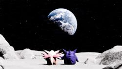  absurdres clefable earth_(planet) english_commentary gengar highres holding_hands moon no_humans on_moon planet pokemon pokemon_(creature) pokemon_focus rivalclay space star_(sky) 