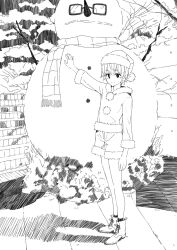  1boy ankle_boots ankle_socks arm_at_side arm_up boots closed_mouth commentary_request from_side full_body fur-trimmed_headwear fur-trimmed_shorts fur_trim glasses greyscale hat highres lace-up_boots leaning_on_object long_sleeves looking_at_viewer male_focus monochrome outdoors pom_pom_(clothes) ponkan_8 rectangular_eyewear santa_costume santa_hat scarf shadow short_hair short_shorts shorts smile snowman socks solo standing totsuka_saika trap winter yahari_ore_no_seishun_lovecome_wa_machigatteiru. zaimokuza_yoshiteru 