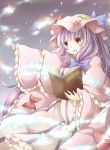  1girl book brown_eyes crescent hair_ribbon hat highres long_hair open_mouth patchouli_knowledge purple_hair ribbon solo tamichan touhou 
