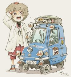  1girl absurdres afro blue_car brown_eyes brown_hair car coat commentary english_commentary full_body grey_background hat highres lapels mini_hat motor_vehicle open_clothes open_coat open_mouth orange_shoes peel_p50 pleated_skirt race_vehicle racecar red_hat red_shorts red_skirt salute sekihan shoes shorts shorts_under_skirt signature simple_background skirt smile sneakers solo standing three-wheeler vehicle_focus vest white_coat white_vest zesshaka!_shiritsu_yotsuwa_joshi_gakuin_zetsumetsu_kigu-sha_gakka 