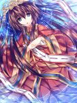  :o blue_eyes brown_hair crown heian highres japanese_clothes kimono light_particles looking_at_viewer multilayer_kimono original roshin solo 