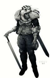  1boy armor artist_name bald bandaged_head bandages cable dithering faux_traditional_media horns knee_pads looking_at_viewer mask mechanical_arms mykell_pledger original pauldrons pouch respirator scabbard science_fiction sheath shoulder_armor standing sword thigh_pouch weapon white_background white_eyes 