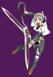  1girl argyle_belt argyle_clothes argyle_hairband arm_up bad_id bad_pixiv_id belt black_boots boots breasts bridal_gauntlets brown_boots capelet closed_mouth coat full_body grey_coat grey_eyes grey_hair hairband hand_up highres holding holding_scissors hood hood_down knee_boots large_scissors long_sleeves medium_breasts medium_hair minami_seira multicolored_boots multicolored_hairband official_art open_clothes open_coat parted_bangs pinstripe_pattern pinstripe_shirt promotional_art purple_background purple_hairband purple_shirt s'yne_lokk scissors shirt shorts simple_background solo tate_no_yuusha_no_nariagari thigh-highs two-tone_belt two-tone_boots two-tone_hairband v-shaped_eyebrows vassal_sewing_set_(tate_no_yuusha_no_nariagari) white_belt white_bridal_gauntlets white_capelet white_shorts white_thighhighs yellow_belt yellow_hairband zettai_ryouiki 