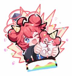  1girl :d ;d absurdres ahoge birthday_cake black_jacket blue_archive blue_eyes blush_stickers bright_pupils cake candle commentary_request cropped_torso double-parted_bangs double_bun food hair_between_eyes hair_bun halo hat highres holding jacket long_sleeves maki_(blue_archive) mini_hat nazomaki_(blue_archive) one_eye_closed open_mouth outline party_hat patanda red_hair red_halo short_hair simple_background smile solo striped_clothes striped_headwear white_background white_outline white_pupils yellow_hat 