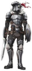  1boy armor artist_request belt belt_bag black_boots black_gloves black_shirt boots breastplate broken_horns brown_belt brown_pants buckler dagger facing_to_the_side full_armor full_body gloves goblin_slayer goblin_slayer! greaves grey_armor grey_helmet helm helmet holding holding_sword holding_weapon knife long_sleeves male_focus multiple_belts official_art pants plume second-party_source sheath sheathed shield shirt simple_background solo standing sword transparent_background visor_(armor) weapon 