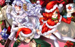  1boy 2girls alpha_(alpha_1918) artist_request bad_source bell blonde_hair blue_eyes boots bow breasts brown_boots cheburashka christmas cross_pendant dress flat_chest fluffy_hair gift girls_und_panzer grin hair_bow hammer_and_sickle hat highres holding holding_gift kanye_west lace-up_boots long_hair medium_breasts military_uniform multiple_girls neck_bell one_eye_closed original parted_lips red_dress red_eyes red_hair russia_(hetalia) santa_hat shoulder_boards smile thigh-highs third-party_source ussr-tan very_long_hair violet_eyes white_dress white_hair white_thighhighs 