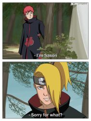  2boys absurdres akatsuki_uniform asymmetrical_bangs blonde_hair deidara_(naruto) english_text forehead_protector forest gachimuchi hair_over_one_eye high_ponytail highres multiple_boys naruto_(series) naruto_shippuuden nature one_eye_covered ponytail pun red_hair robe sasori_(naruto) short_hair smile tree virtue147 