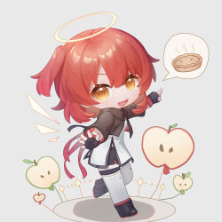  1girl :d apple apple_pie arknights black_boots black_gloves black_jacket black_shorts boots chibi chibi_only chinese_commentary commentary_request detached_wings dress exusiai_(arknights) exusiai_the_new_covenant_(arknights) fingerless_gloves food fruit full_body gloves grey_background grey_dress grey_thighhighs halo highres jacket leg_up open_clothes open_jacket open_mouth pie pointing red_hair short_dress short_hair shorts shorts_under_dress simple_background smile solo standing standing_on_one_leg thigh-highs traditional_halo wings xuan_(user_maag2432) yellow_eyes yellow_halo 