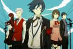  3boys arisato_minato armband blue_hair bow brown_eyes brown_hair choker digital_media_player evoker grey_hair gun hat headphones highres iori_junpei kirijou_mitsuru long_hair multiple_boys multiple_girls persona persona_3 red_hair redhead ribbon sanada_akihiko school_uniform short_hair skirt takeba_yukari tamu_(tamurarucaffe1226) weapon 