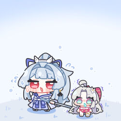  2girls ahoge blue_hair bow carlotta_(wuthering_waves) character_request chibi chibi_only commentary_request earrings flower flying_sweatdrops green_eyes hair_bow hair_flower hair_ornament high_ponytail highres holding holding_sword holding_weapon japanese_clothes jewelry long_hair looking_at_viewer multiple_girls open_mouth parted_bangs pink_bow ponytail red_eyes snot standing striped_bow sweat sword syurikenmaru trembling very_long_hair weapon white_hair wuthering_waves 