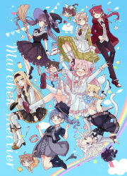  6+girls :d :o ;o ^_^ absurdres animal_ear_fluff animal_ears bamboo_broom black_dress black_hair black_hat black_jacket black_pants black_skirt black_vest blonde_hair bloomers blue_background blue_bow blue_dress blue_eyes blush boots bow braid broom brown_dress brown_eyes brown_hair cat_ears cat_girl cat_tail center_frills character_request chibi closed_eyes closed_mouth collar collared_shirt commentary_request darkness drawstring dress dress_shirt everyone fold-over_boots frilled_dress frilled_socks frills fushigi_na_neko_no_machi_meltier fuu_(fushigi_na_neko_no_machi_meltier) green_dress green_eyes grey_dress gun hair_bow hair_over_one_eye handgun haru_(fushigi_na_neko_no_machi_meltier) hat high_heel_boots high_heels highres hime_(fushigi_na_neko_no_machi_meltier) holding holding_broom hood hood_down hooded_jacket jacket layered_sleeves long_hair long_sleeves low_ponytail makia_(fushigi_na_neko_no_machi_meltier) mini_person minigirl moco_(fushigi_na_neko_no_machi_meltier) multiple_girls naa_(fushigi_na_neko_no_machi_meltier) nagi_(fushigi_na_neko_no_machi_meltier) one_eye_closed open_clothes open_jacket open_vest pants parted_lips pennant pink_collar pink_dress pink_hair pleated_dress pleated_skirt ponytail puffy_short_sleeves puffy_sleeves rainbow red_eyes red_hair red_jacket red_shoes roco_(fushigi_na_neko_no_machi_meltier) rucora_(fushigi_na_neko_no_machi_meltier) sakura_oriko shirt shoes short_over_long_sleeves short_sleeves signature single_braid skirt smile socks star_(symbol) string_of_flags striped_clothes striped_shirt suzu_(fushigi_na_neko_no_machi_meltier) syringe tail tongue tongue_out twintails vertical-striped_clothes vertical-striped_shirt very_long_hair vest watermark weapon weapon_request white_bloomers white_boots white_bow white_jacket white_shirt white_skirt witch_hat 