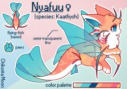  animal animal_focus aqua_eyes artist_name blue_eyes character_name chimera color_guide commentary creature english_text fins fish fish_tail from_side full_body mew_mew_chikorita_moon no_humans original outline pokemon profile reference_sheet simple_background tail white_outline wings 