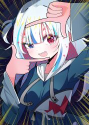  1girl absurdres blue_eyes blue_hoodie blue_streaks blush colored_inner_hair commentary fins fish_tail gawr_gura gawr_gura_(1st_costume) grey_hair hair_ornament heterochromia highres hololive hololive_english hood hoodie kkukka41 looking_at_viewer medium_hair multicolored_hair open_mouth red_eyes red_hair reflect_(gawr_gura) shark_girl shark_print shark_tail solo streaked_hair tail two-tone_hair two_side_up virtual_youtuber 