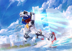  building commentary_request copyright_notice ferris_wheel from_side gundam mecha mecha_focus mobile_suit_gundam no_humans ocean official_art outdoors profile robot rx-78-2_gundam science_fiction solo splashing thrusters v-fin waves yellow_eyes yokohama you_shimizu 