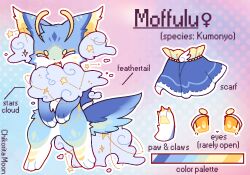  1other animal_feet antennae artist_name blue_fur character_name closed_eyes clouds color_guide commentary digitigrade english_text fang full_body furry gradient_background mew_mew_chikorita_moon open_mouth original other_focus pawpads pink_background pokemon purple_background reference_sheet skirt smile standing star_(symbol) tail venus_symbol 