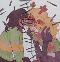  1girl 1other animal_ears antlers blonde_hair blush brown_hair checkered_clothes checkered_vest closed_eyes commentary deer_antlers deer_ears deer_girl deltarune earrings english_commentary faux_traditional_media freckles furry furry_female furry_with_non-furry green_sweater highres horns interspecies jewelry juliet_sleeves kiss kleahvii kris_(deltarune) leaning_forward long_hair long_sleeves noelle_holiday paper_texture puffy_sleeves red_nose short_hair single_stripe staple stapled sweat sweater torn_paper two-tone_sweater_vest utdr_(toby_fox) vest 