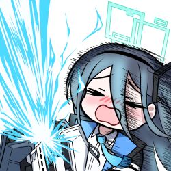  1girl aqua_halo aris_(blue_archive) ayanami_barrage_(meme) black_hair black_hairband black_jacket blue_archive blue_jacket blue_necktie blush closed_eyes collared_shirt commentary_request double-parted_bangs energy_beam facing_ahead hair_between_eyes hairband halo jacket long_hair long_hair_between_eyes meme necktie no_nose nose_blush open_clothes open_jacket open_mouth peanut_mouth railgun raised_inner_eyebrows rectangular_halo shirt simple_background solo two-sided_fabric two-sided_jacket upper_body white_background white_shirt yoowaru 