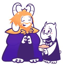  1boy 1girl 2025 2d animal_ears animal_nose anthro armor asgore_dreemurr barefoot beard blonde_hair body_fur chibi chibi_only cloak closed_eyes crown delta_rune_(symbol) delta_rune_print digital_media droopy_ears duo eyelashes facial_hair fangs female floppy_ears food full_body furry furry_female furry_male goat goat_boy goat_ears goat_girl goat_horns goat_tail height_difference holding holding_food holding_plate horns husband_and_wife ichi_(tentaclesnbones) king long_sleeves male mammal monster monster_boy monster_girl pastry pauldrons pie plate purple_cloak purple_robe robe simple_background skin_fangs standing tail tail_tuft toriel undertale utdr_(toby_fox) white_background white_fur white_horns white_sleeves yellow_eyes 