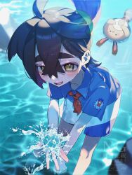  1boy afloat black_hair blue_shirt blush collared_shirt commentary_request crossed_bangs highres kieran_(pokemon) leaning_forward looking_at_viewer male_focus mole mole_on_neck multicolored_hair neckerchief open_mouth pokemon pokemon_(creature) pokemon_scarlet_and_violet purple_hair red_neckerchief sentret shinonome_(delus1on) shirt short_hair short_sleeves shorts solo splashing thick_eyebrows wading water watermark white_shorts yellow_eyes 