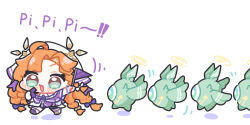  1girl ahoge braid chibi chibi_only commentary_request flag green_eyes halo hat highres holding holding_flag long_hair open_mouth orange_hair ribbon sigrika_(wuthering_waves) simple_background smile syurikenmaru twin_braids white_background white_hat wuthering_waves 