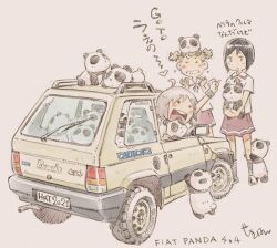  >_< 3girls animal animal_on_head arm_up baby_animal black_hair bob_cut brown_car brown_hair car character_request commentary_request fiat fiat_panda grey_background hands_up happy heart highres holding holding_animal katsura_himeko momose_riko motor_vehicle multiple_girls name_connection object_namesake on_head open_mouth panda_cub pleated_skirt red_skirt sailor_collar school_uniform sekihan shirt short_twintails signature simple_background skirt smile standing through_window too_many translation_request twintails vehicle_name white_sailor_collar white_shirt wristband zesshaka!_shiritsu_yotsuwa_joshi_gakuin_zetsumetsu_kigu-sha_gakka 
